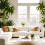 Sala de estar decorada com sofá branco em L, janelas grandes e diversas plantas para dentro de casa em vasos, ilustrando um ambienteUrban Jungle.