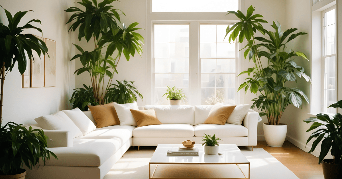 Sala de estar decorada com sofá branco em L, janelas grandes e diversas plantas para dentro de casa em vasos, ilustrando um ambienteUrban Jungle.